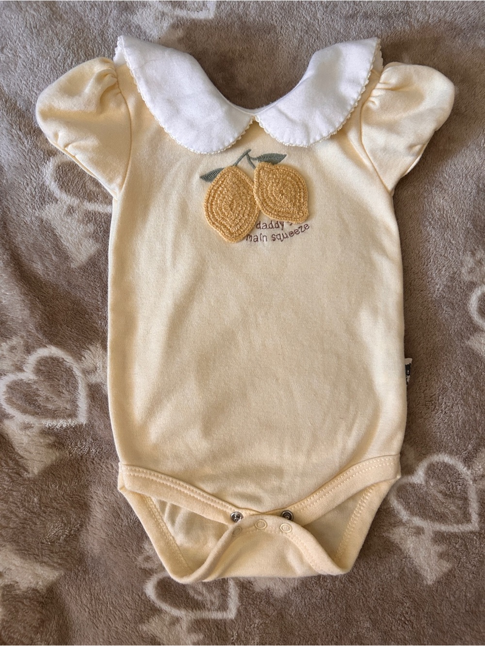 Peter Pan collar lemon daddy’s main squeeze onesie.